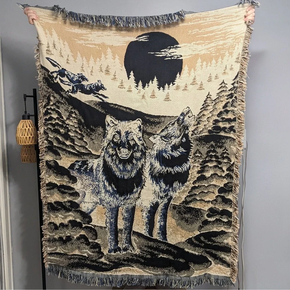 Vintage Woven Wolf Tapestry Throw Blanket Howling Moon Wilderness Cabin Decor